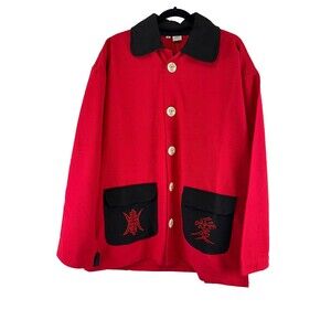 Venus Imports Red Cotton Jacket Button Collared Asian Dragon Pockets Womens XXL